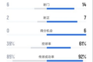 格鲁吉亚0-4西班牙全场数据：射门6-14，射正2-7，控球率39%-61%